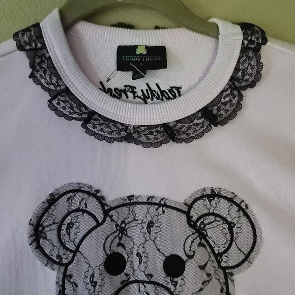 Teddy Fresh Lace Applique Bear Sweatshirt Small Pink Long Sleeve Fun Soft NWOT - Picture 4 of 9